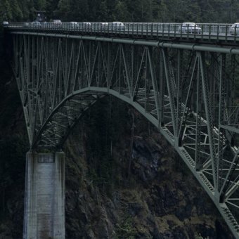 A bridge spans Deception Pass on Whidbey Island.