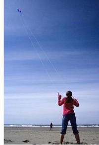 A girl flying a 2 line Delta at the beach.